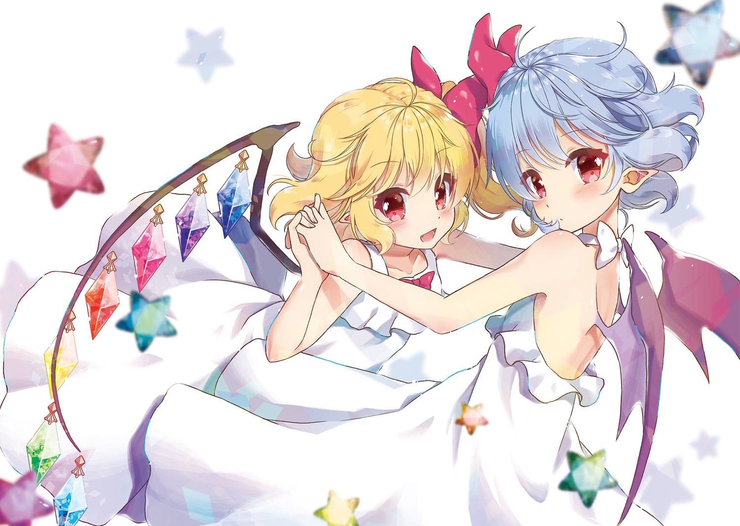 2girls, beni_kurage, blonde_hair, blue_hair, dress, fang, flandre_scarlet, loli