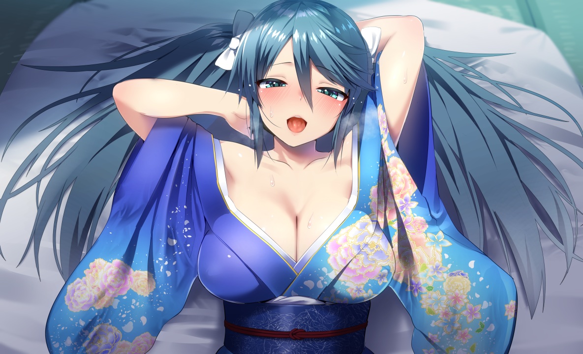 anthropomorphism, ayagi_daifuku, blush, breasts, cleavage, green_eyes, green_hair, isuzu_(kancolle), japanese_clothes, kantai_collection, kimono, long_hair, twintails