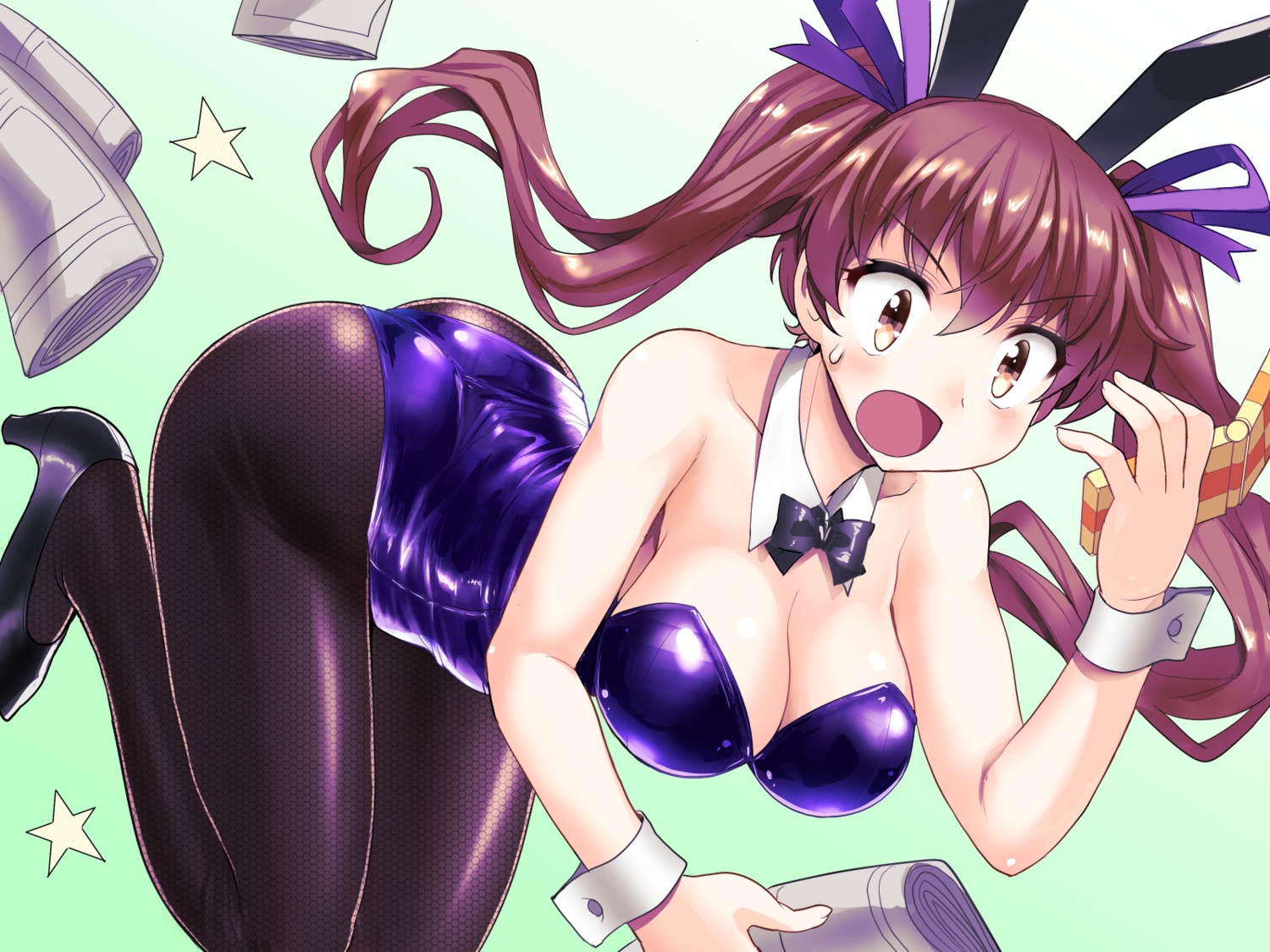 ass, bodysuit, breasts, brown_eyes, brown_hair, cleavage, green, himekaidou_hatate, long_hair, mono_(moiky), pantyhose, paper, phone, touhou, twintails, wristwear