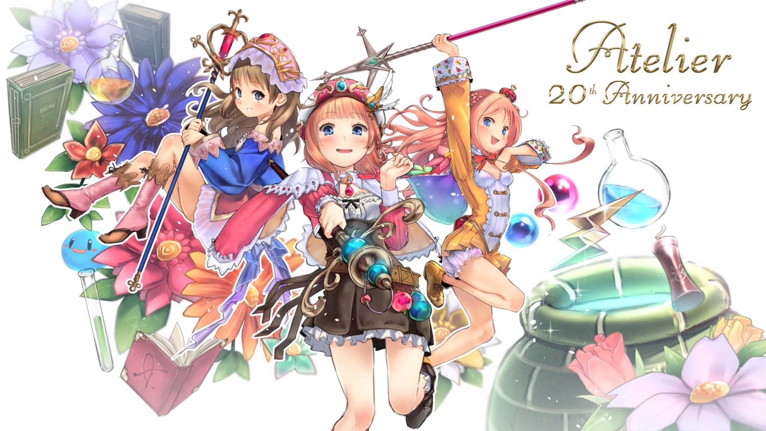 atelier, atelier_meruru, atelier_rorona, atelier_totori, bloomers, blue_eyes, blush, book, boots, brown_hair, crown, dress, flowers, gray_eyes, hat, headdress, long_hair, merurulince_rede_arls, pink_hair, rororina_fryxell, skirt, staff, sumi_(oyasumie), totooria_helmold