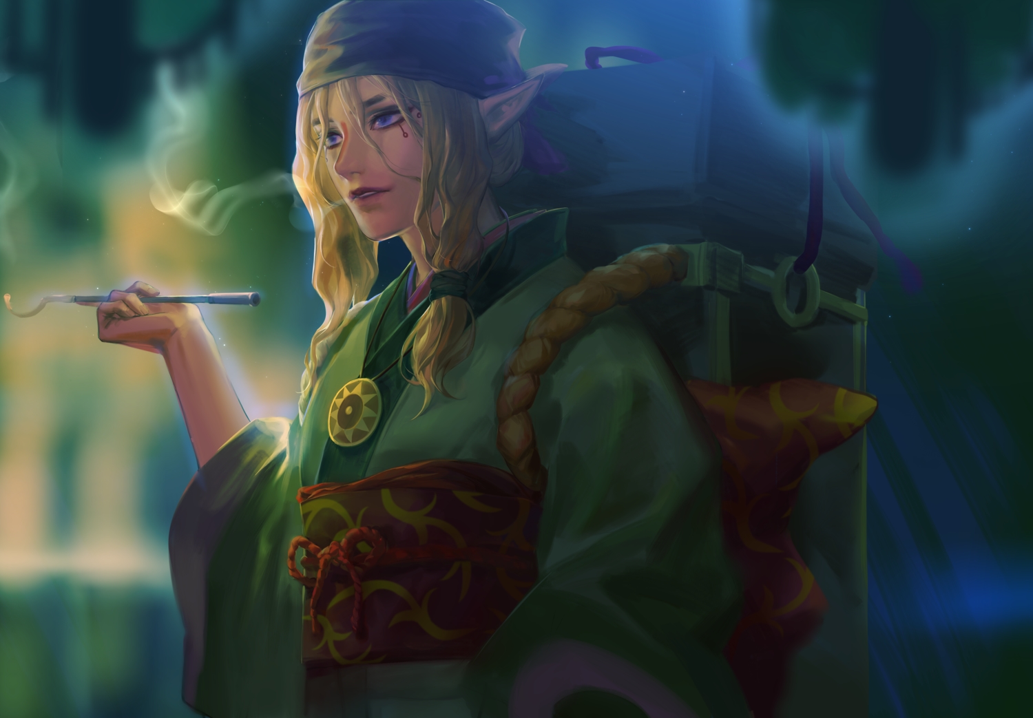 all_male, blonde_hair, blue_eyes, dark, green, headdress, japanese_clothes, kusuriuri