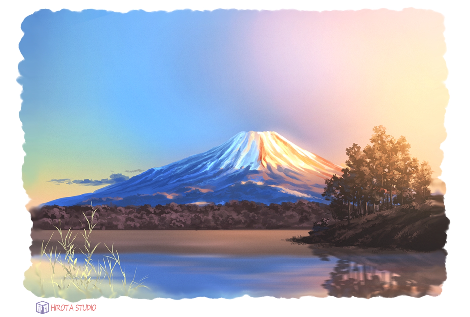 hirota_(masasiv3), no_humans, original, reflection, scenic, sky, sunset, tree, water, watermark