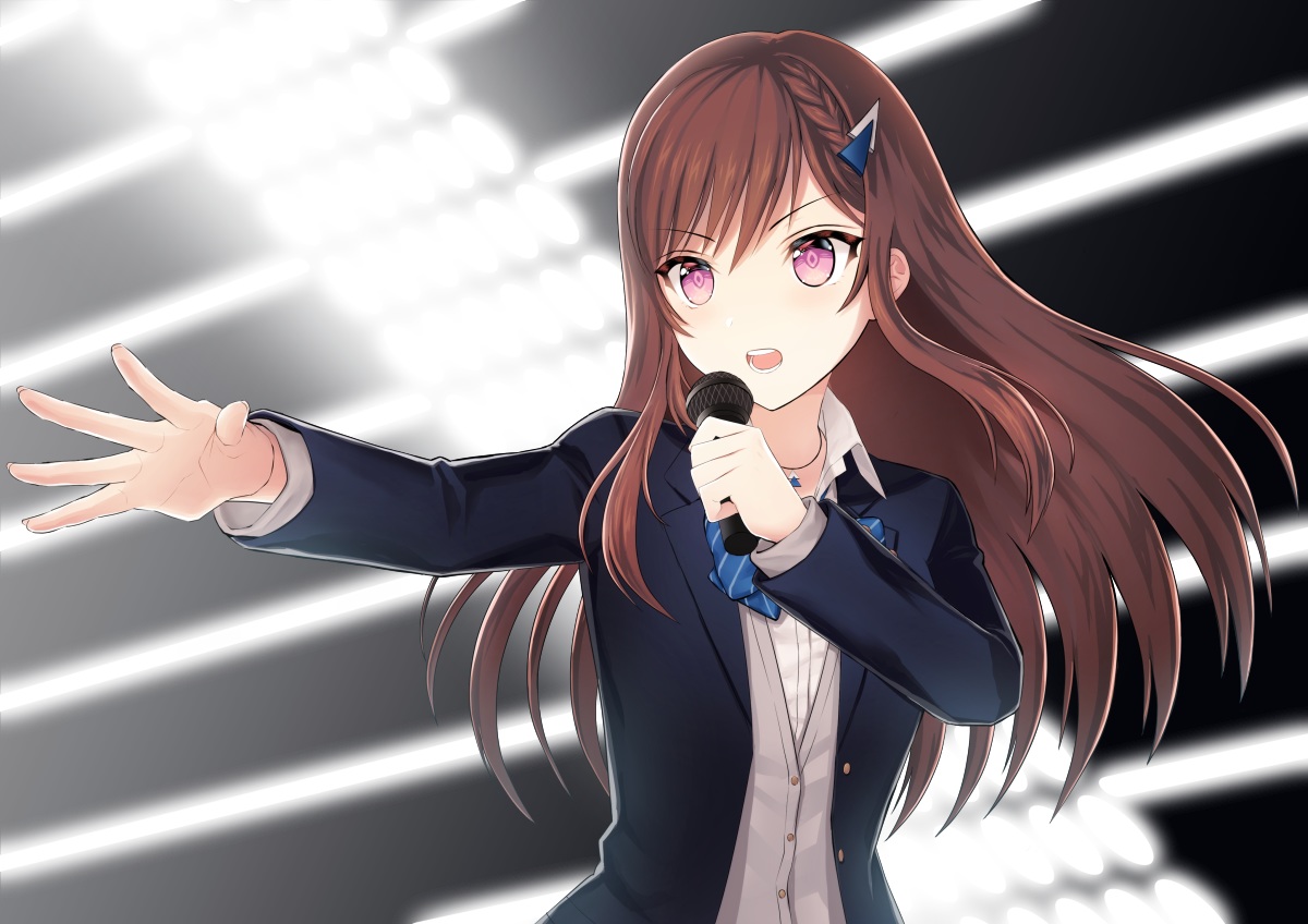 braids, brown_hair, caopy123, cocoa_music, doumyouji_cocoa, long_hair, microphone, necklace, purple_eyes, school_uniform