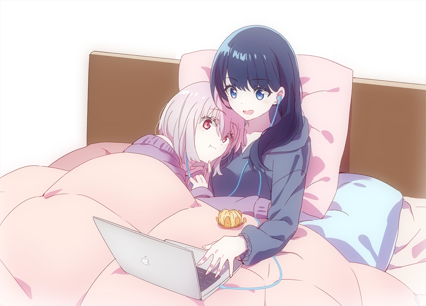2girls, bed, black_hair, blue_eyes, computer, food, fruit, headphones, hood, hug, long_hair, orange_(fruit), pink_eyes, purple_hair, shinjou_akane, short_hair, shoujo_ai, ssss.gridman, takarada_rikka, usamin