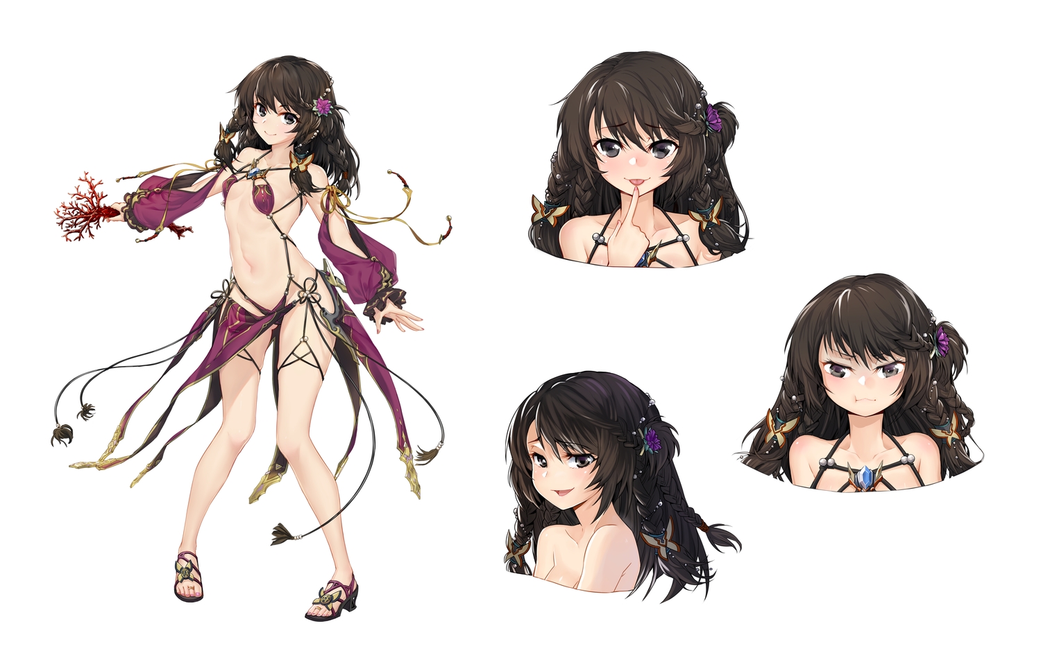 bikini, black_eyes, braids, brown_hair, long_hair, navel, onceskylark, original