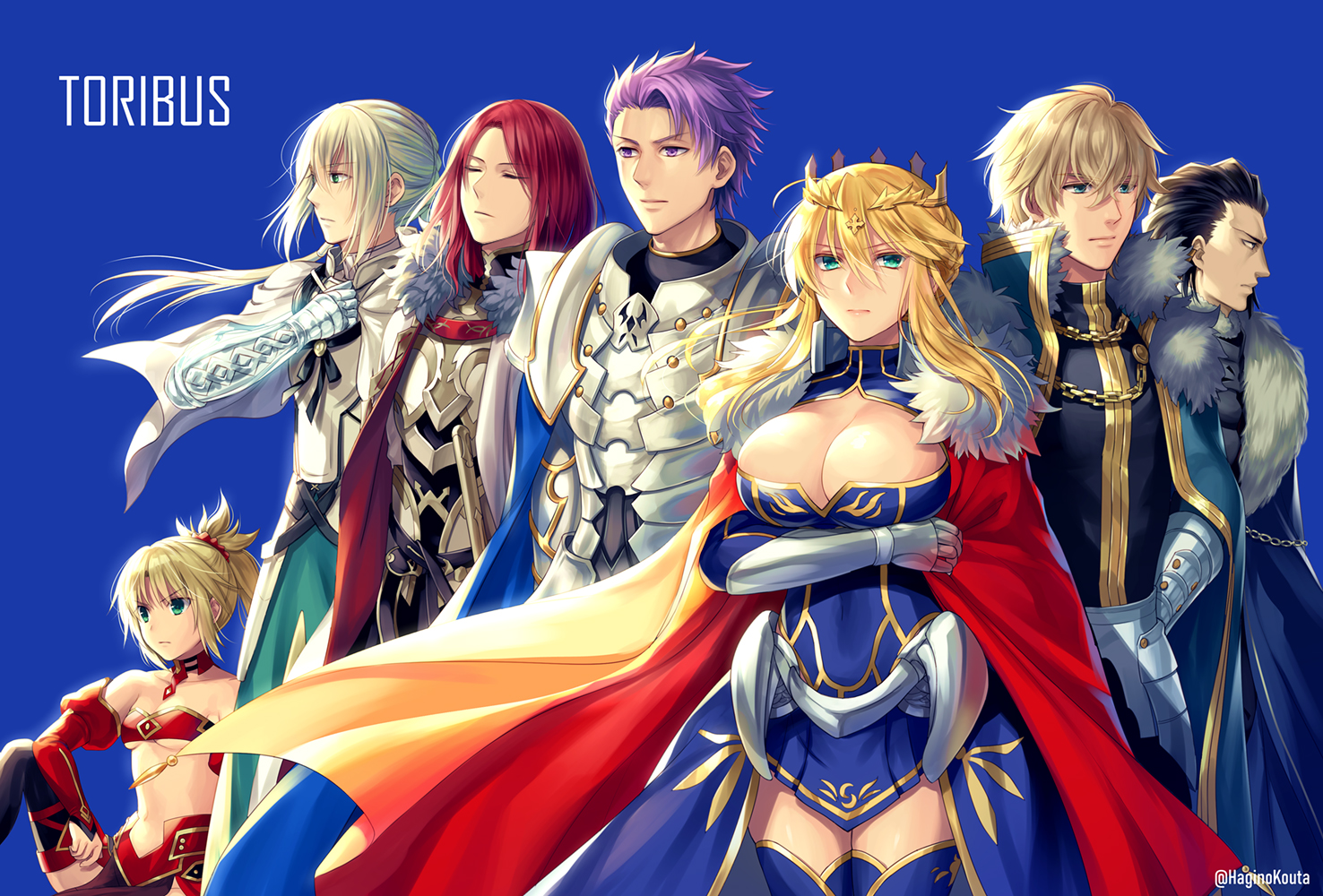 agravain, armor, artoria_pendragon_(all), artoria_pendragon_(lancer), bedivere, blue, breast_hold, breasts