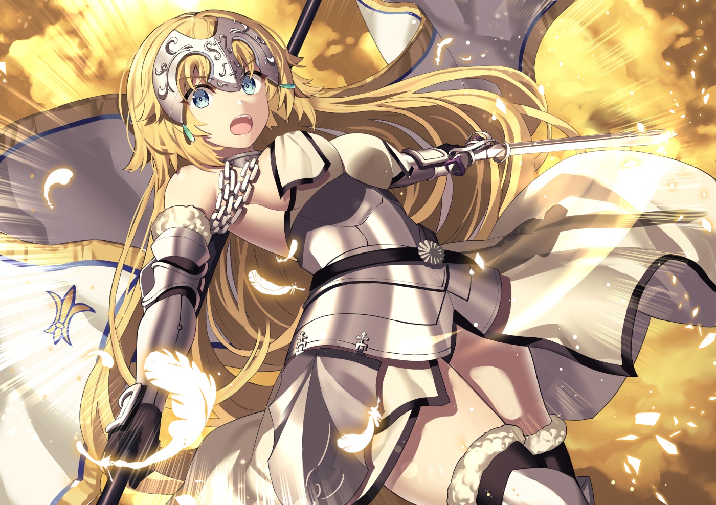 akae_neo, aqua_eyes, armor, blonde_hair, breasts, chain, elbow_gloves, fate/grand_order, fate_(series), feathers, gloves, headdress, jeanne_d'arc_(fate), long_hair, sword, thighhighs, weapon