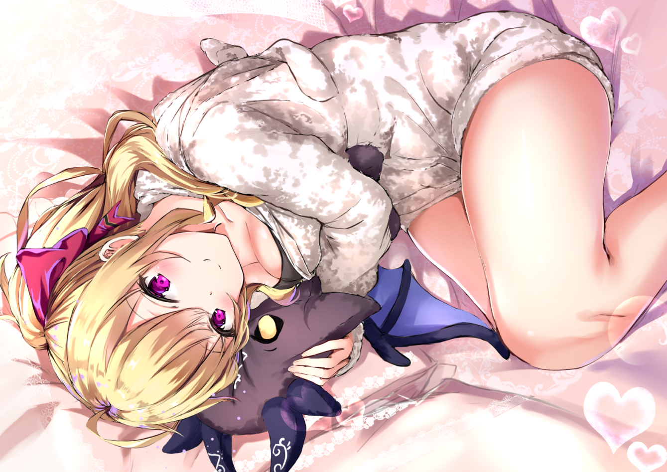 blonde_hair, blush, breasts, cleavage, hug, long_hair, nijisanji, pajamas, ponytail, purple_eyes, takamiya_rion, yukishiro_arute