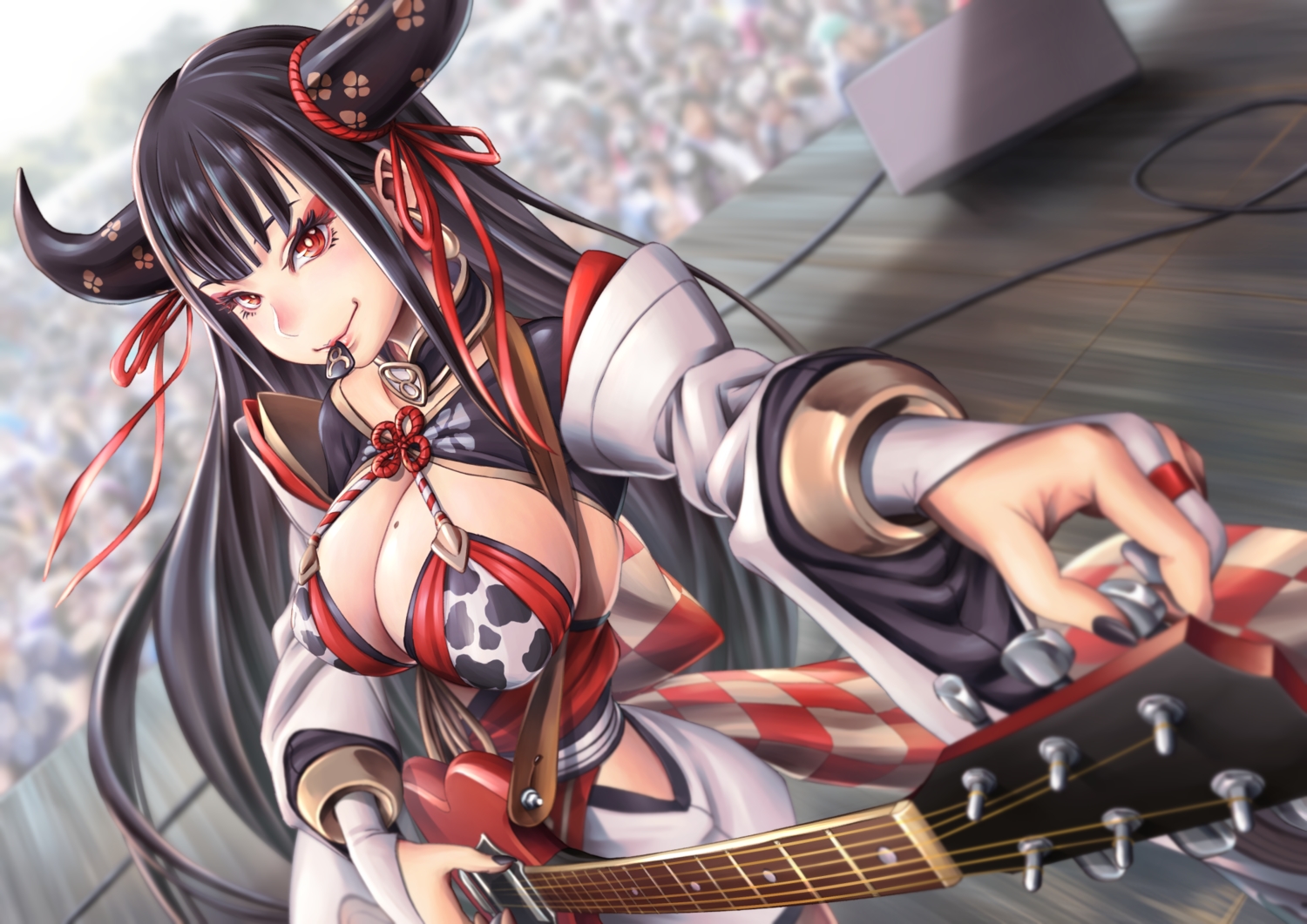 black_hair, breasts, cleavage, guitar, horns, instrument, japanese_clothes, kobu_ride, long_hair, re:act, red_eyes, sideboob, ushio_tia