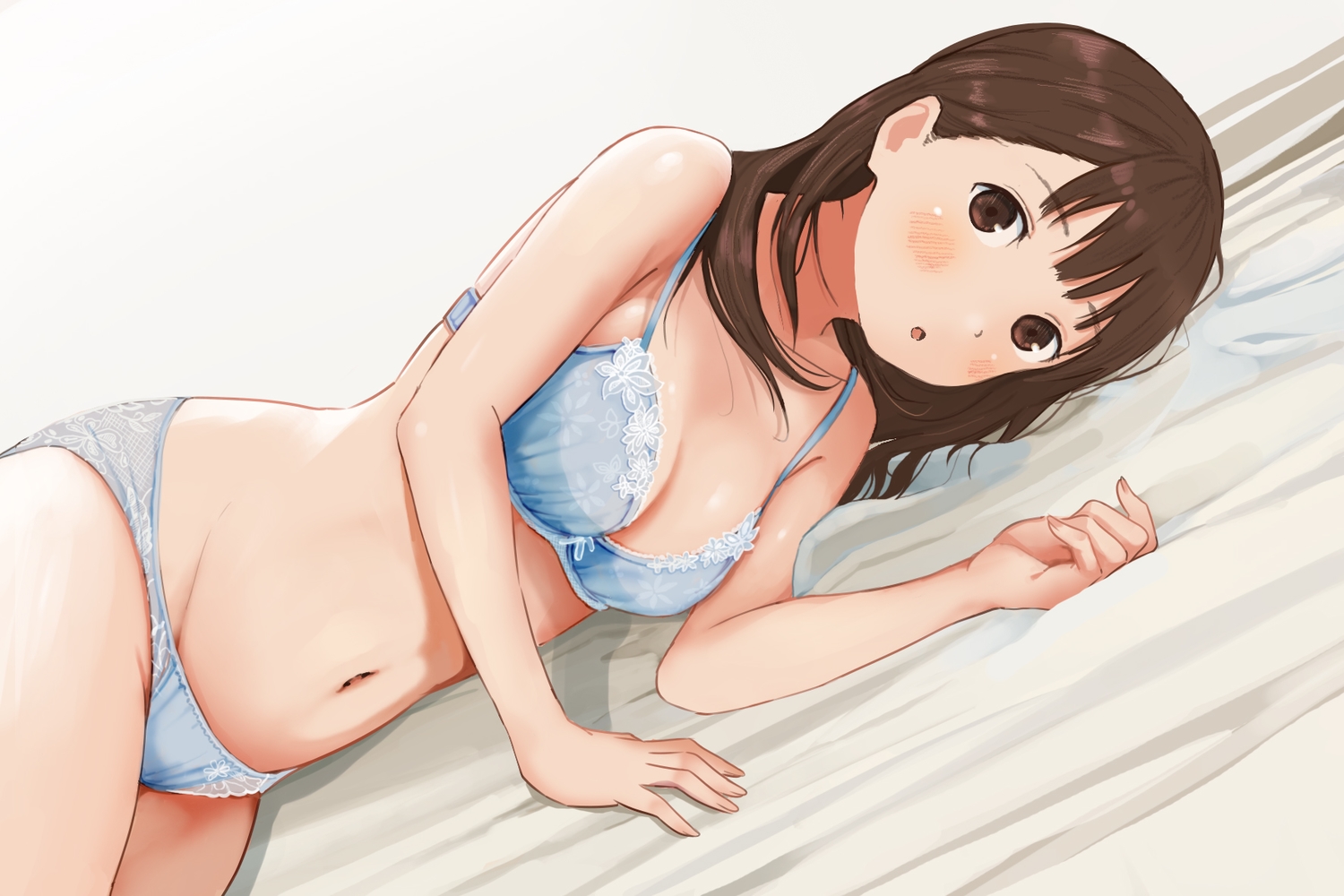 bed, blush, bra, breasts, brown_eyes, brown_hair, cleavage, long_hair, navel, original, panties, ri_(20170103), underwear, white