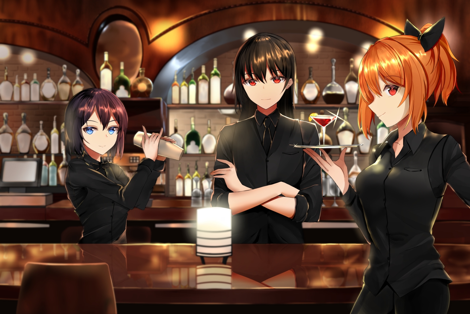 aircell, blue_eyes, bow, brown_hair, drink, long_hair, narynn_(character), orange_hair, original, ponytail, red_eyes, reflection, short_hair, suit, tie, waitress