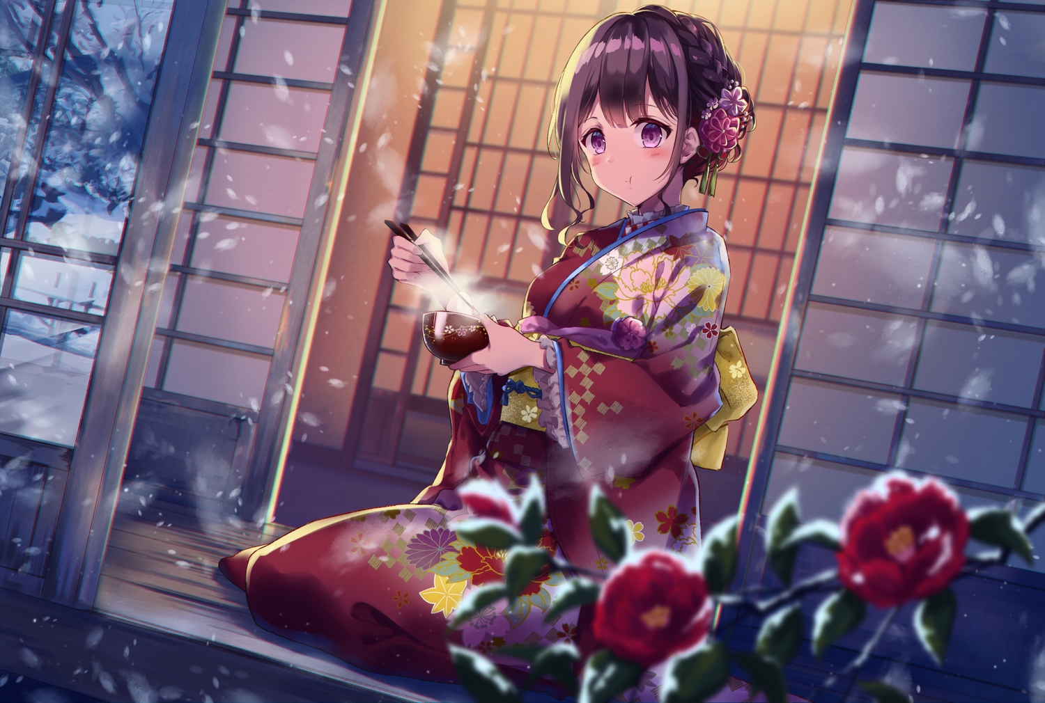 blush, braids, brown_hair, flowers, food, japanese_clothes, kimono, kisaragi_yuri