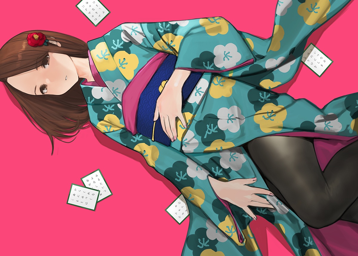 aikawa_ren, brown_eyes, brown_hair, japanese_clothes, kimono, miru_tights, pantyhose, pink