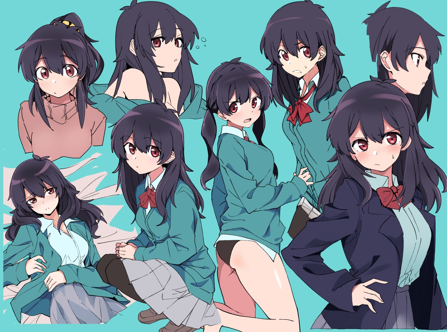 black_hair, blush, bow, cyan, kazenoko, long_hair, original, pantyhose