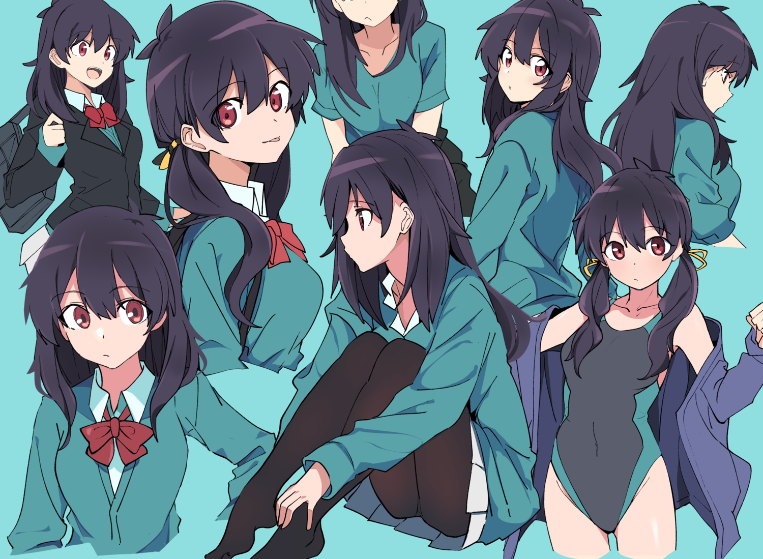 black_hair, bow, cyan, kazenoko, long_hair, original, pantyhose, red_eyes