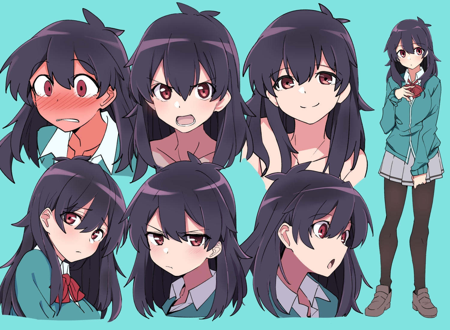 black_hair, blush, bow, cyan, kazenoko, long_hair, original, pantyhose