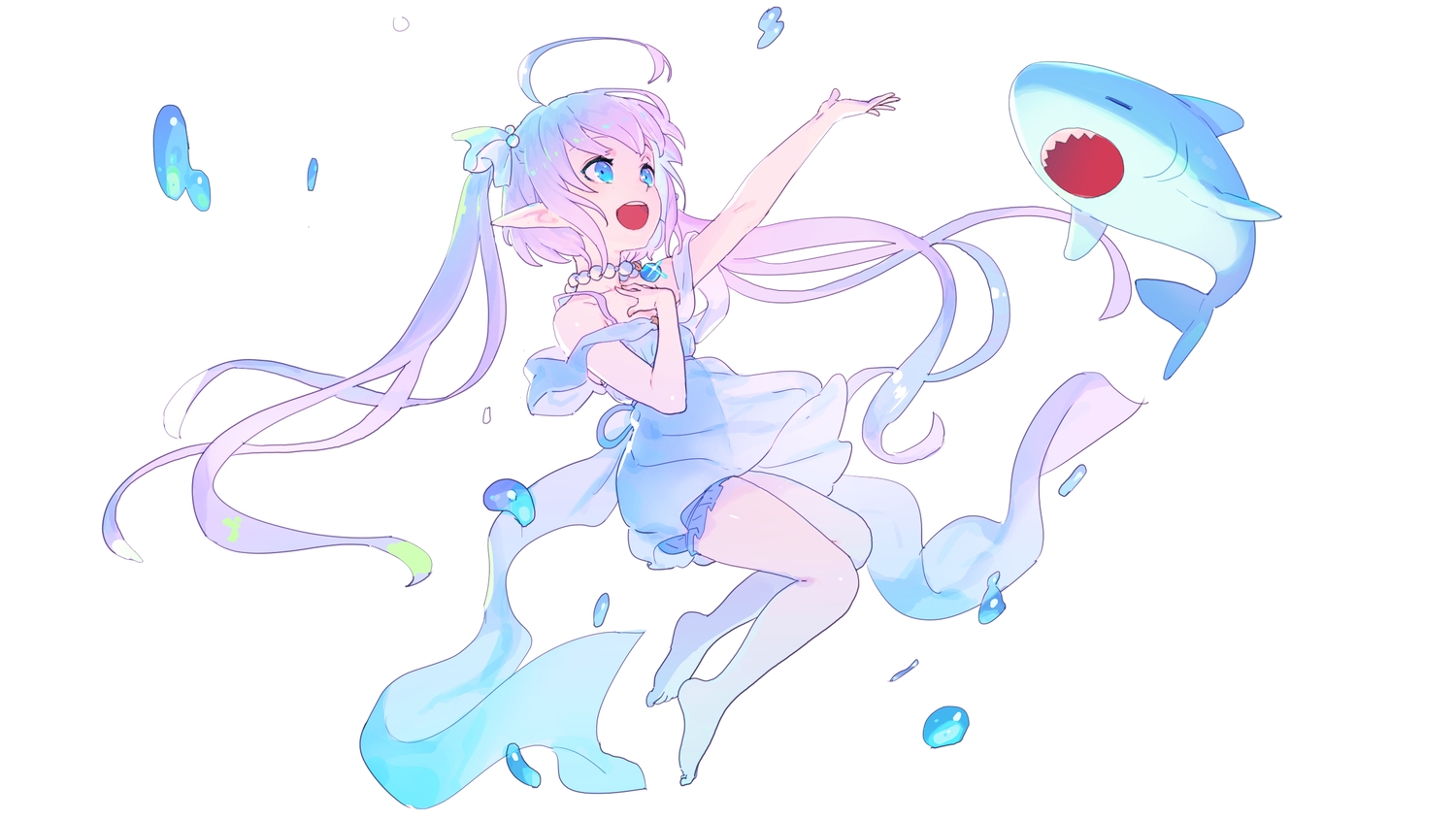 animal, aqua_eyes, barefoot, bubbles, dress, fish, long_hair, nagisa_kurousagi, necklace, pointed_ears, twintails, underwater, water, white, white_hair