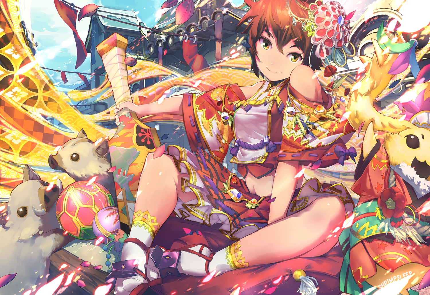 ball, brown_hair, building, lora_(xenoblade), navel, short_hair, shrimqsleeq, signed, skirt, socks, xenoblade, yellow_eyes