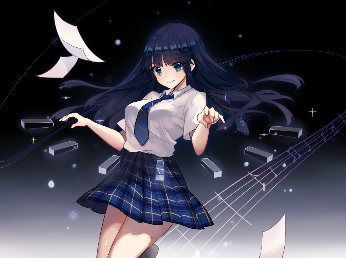 black_hair, chariot.f, gradient, green_eyes, long_hair, music, paper, school_uniform
