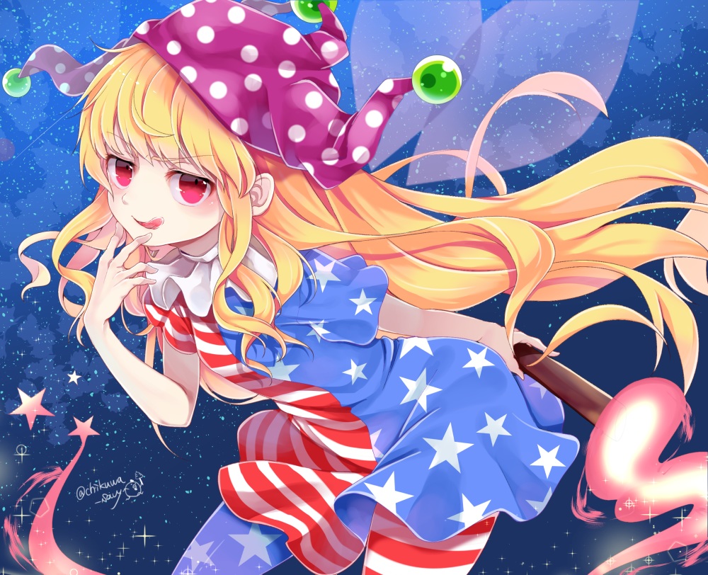 blonde_hair, chikuwa_savi, clownpiece, dress, fairy, fire, hat, long_hair