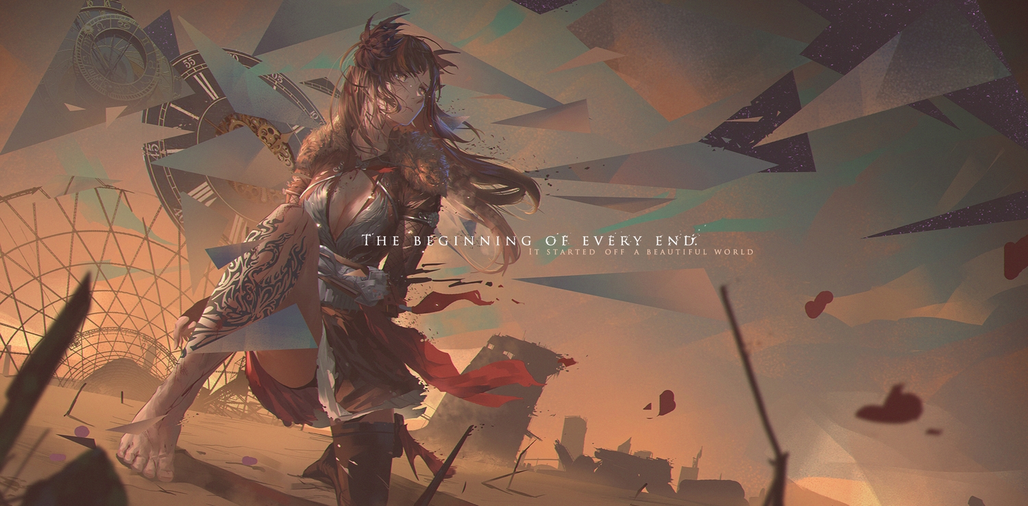 barefoot, breasts, brown_hair, cleavage, crying, hinoborukaku, long_hair, original, ruins, tattoo, tears, torn_clothes, yellow_eyes