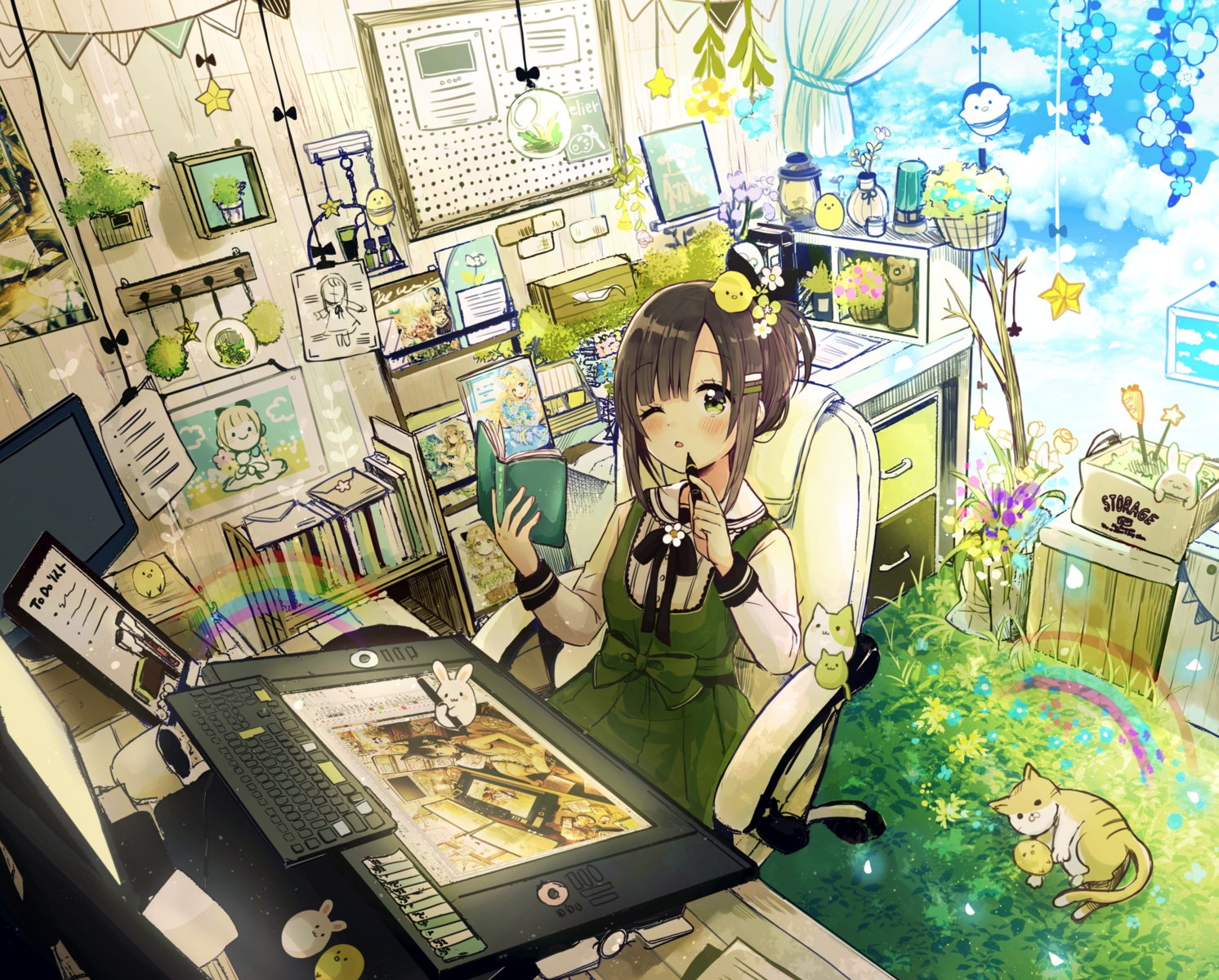 animal, blush, book, brown_hair, cat, computer, cropped, dress