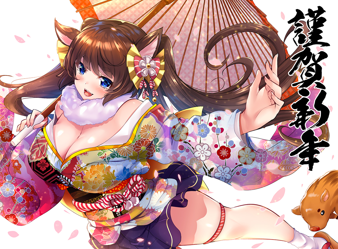 animal, animal_ears, blue_eyes, breasts, brown_hair, cleavage, fang, garter