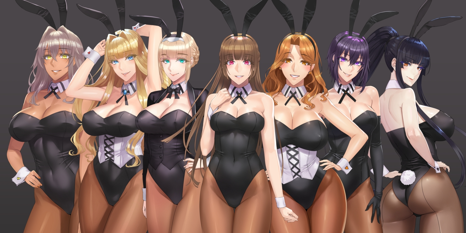 animal_ears, aqua_eyes, ass, black_hair, blonde_hair, breasts, brown_hair, bunny_ears
