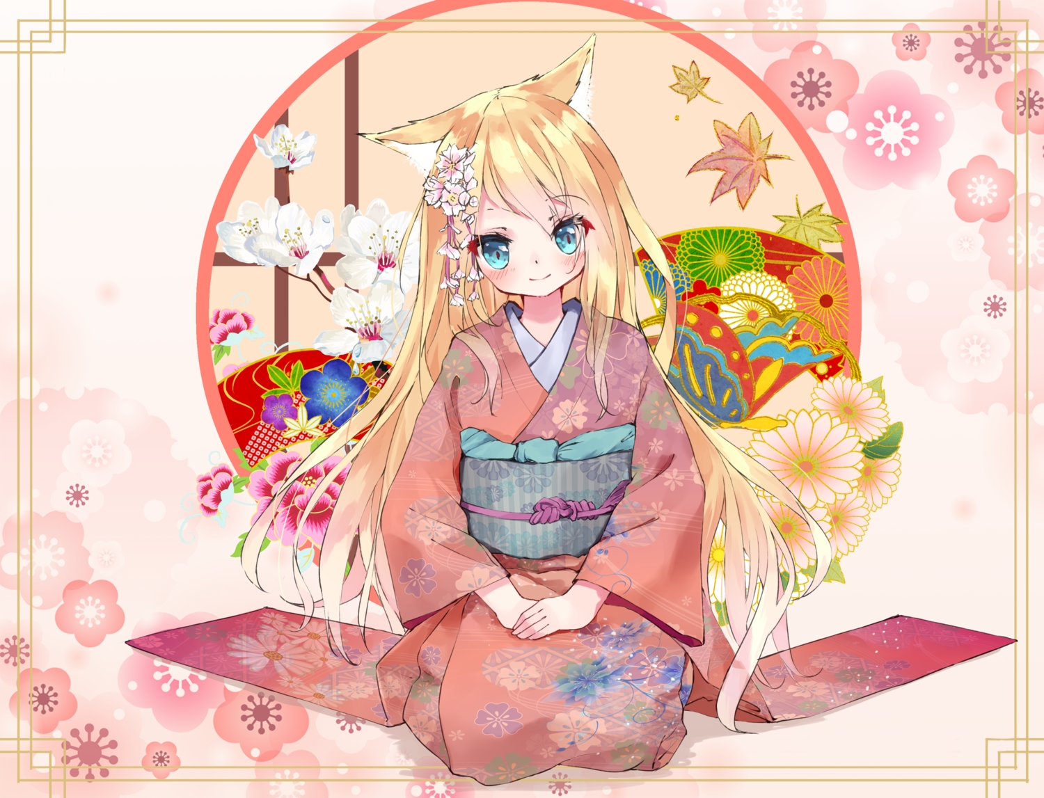 animal_ears, aqua_eyes, blonde_hair, blush, catgirl, flowers, hamaru_(s5625t), japanese_clothes
