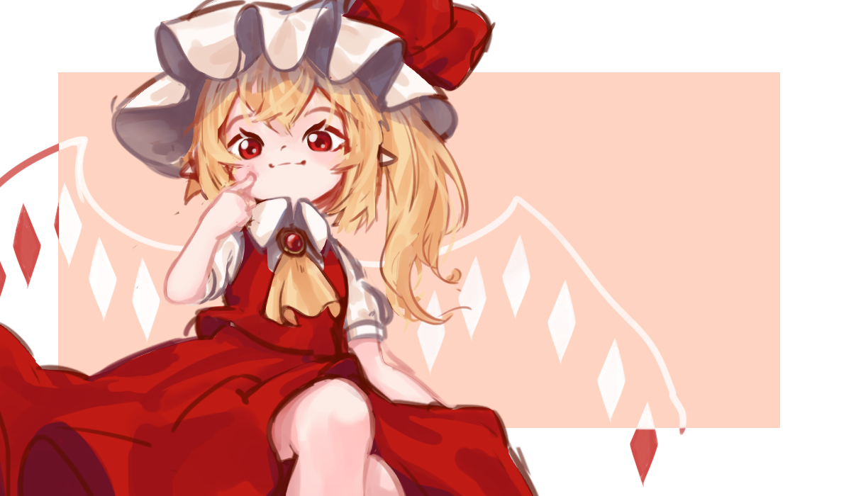 blonde_hair, flandre_scarlet, hat, loli, long_hair, pointed_ears, ponytail, red_eyes, sketch, skirt, touhou, vampire, wings, yoruny