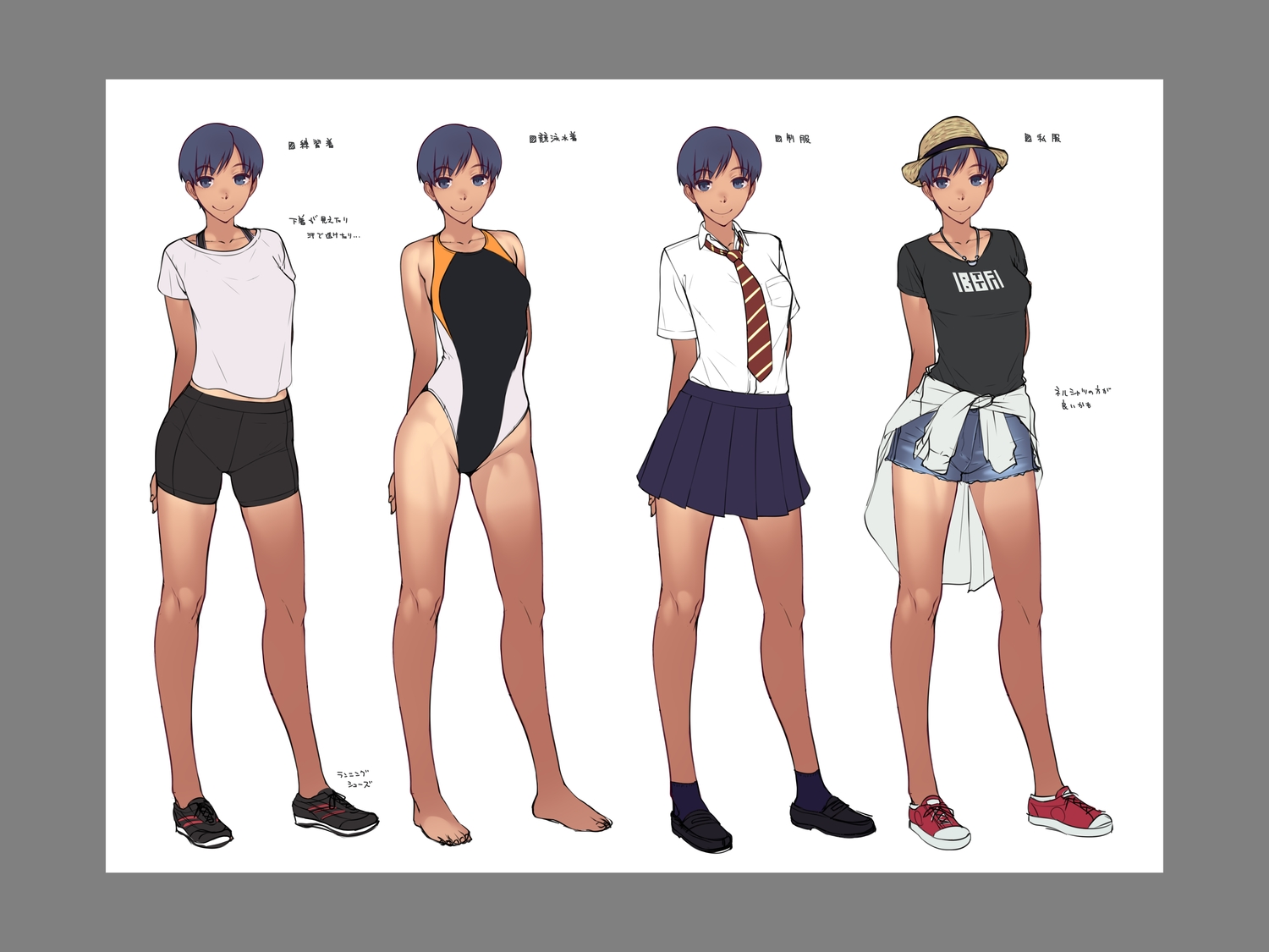 barefoot, bike_shorts, blue_eyes, blue_hair, dark_skin, hat, necklace, oohara_kyuutarou, original, school_uniform, short_hair, shorts, sketch, skirt, socks, swimsuit, tan_lines, tie