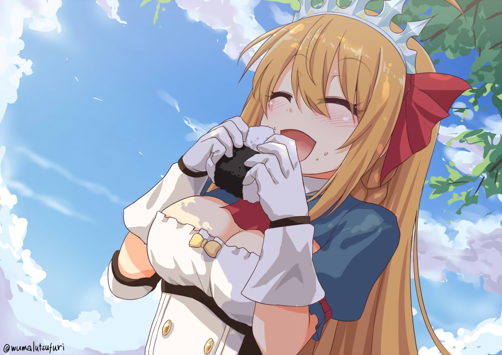 blush, braids, breasts, cleavage, clouds, food, gloves, headdress