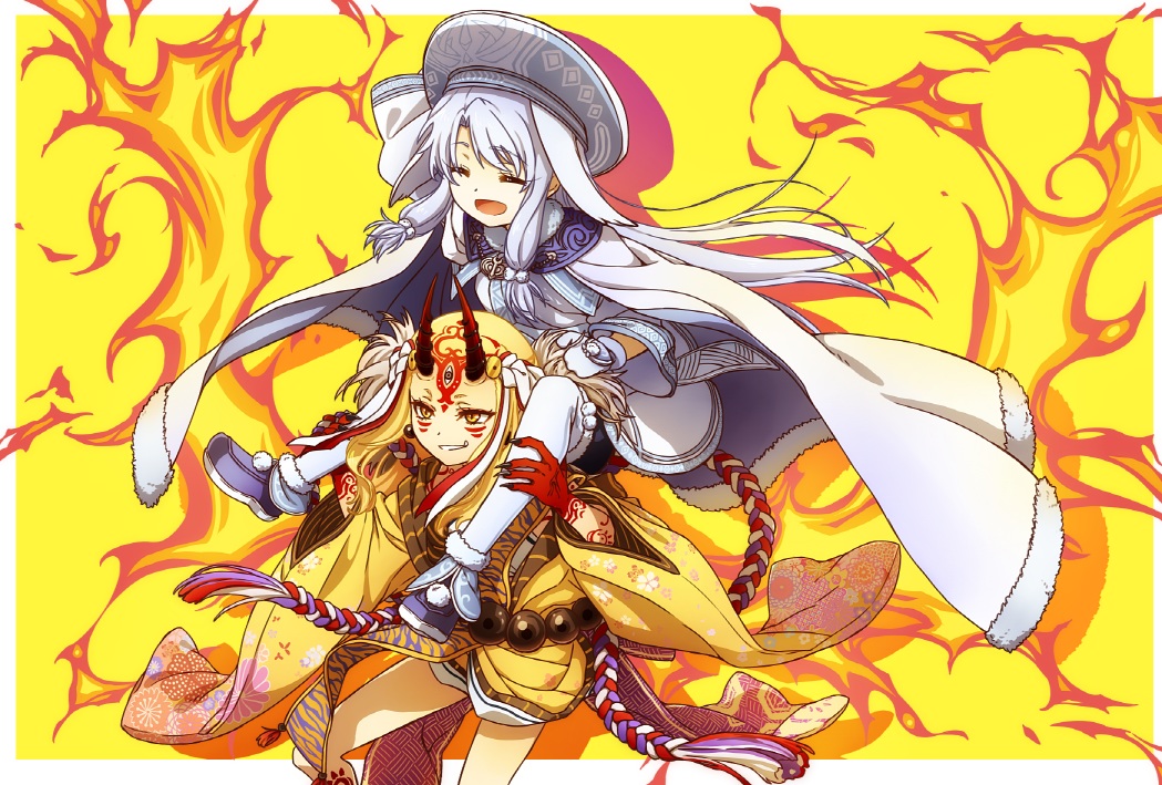 2girls, blonde_hair, cape, demon, fate/grand_order, fate_(series), fire, gloves, gray_hair, hat, horns, ibaraki_douji_(fate), illyasviel_von_einzbern, japanese_clothes, kimono, loli, long_hair, oiun, rope, shorts, sitonai_(fate/grand_order), tattoo, thighhighs, yellow_eyes