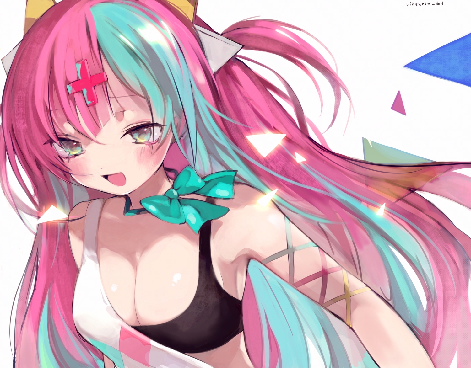 aqua_eyes, bow, breasts, cleavage, close, long_hair, pink_hair, pinky_pop_hepburn