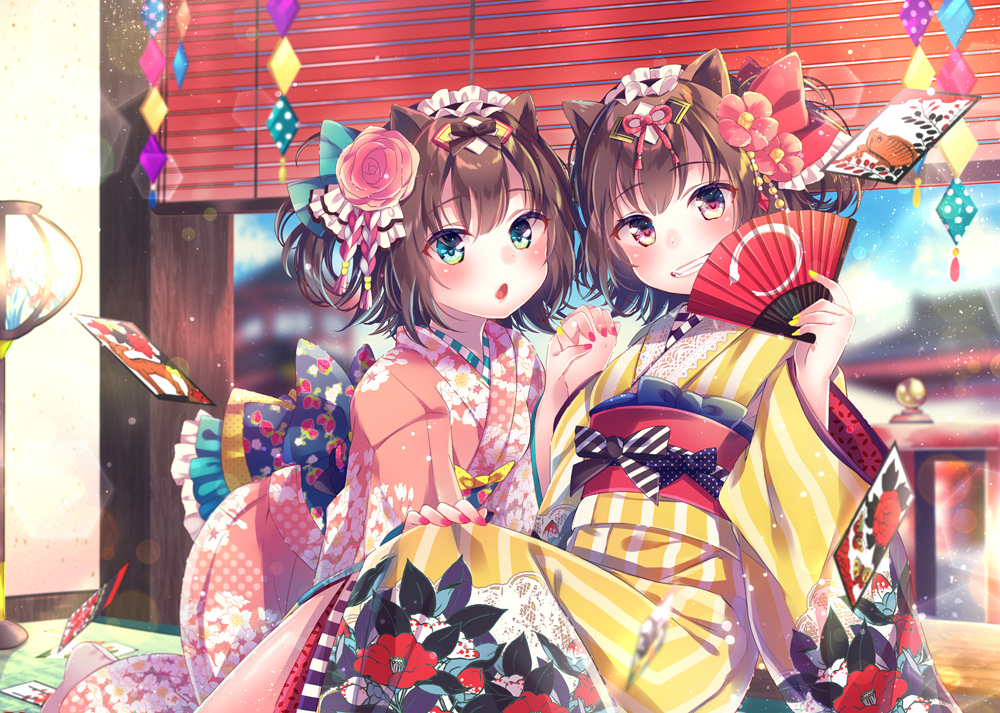 animal_ears, brown_hair, fan, green_eyes, japanese_clothes, jpeg_artifacts, kimono, nemuri_nemu