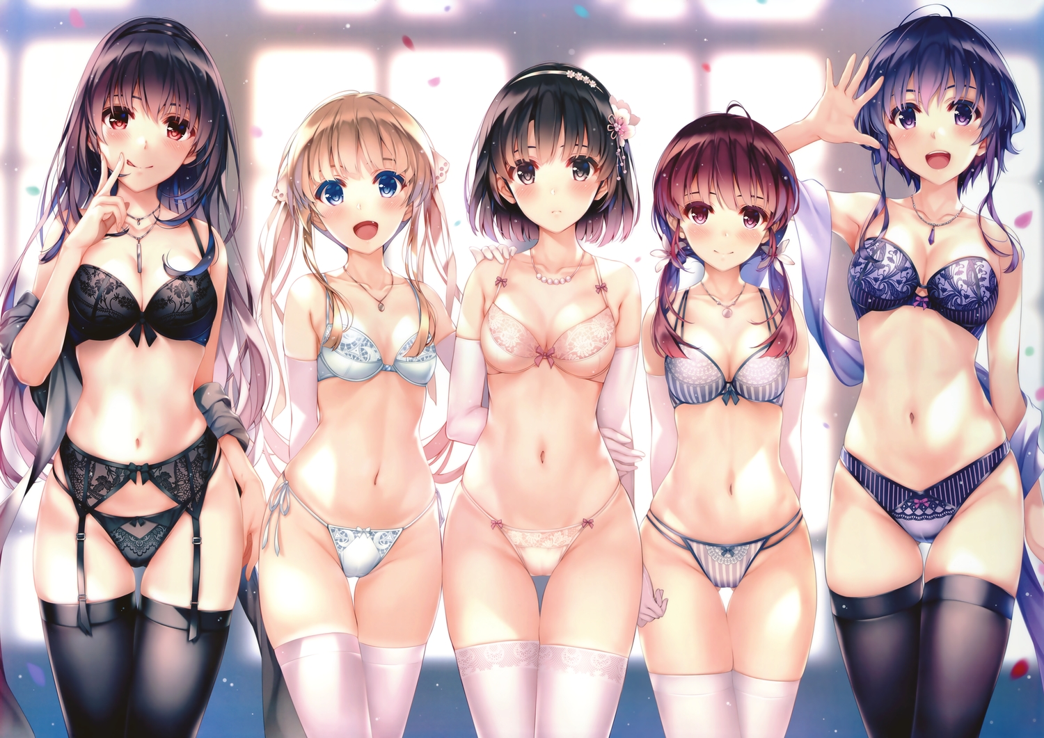 black_hair, blonde_hair, blue_eyes, blue_hair, blush, bra, breasts, brown_eyes, cameltoe, cleavage, elbow_gloves, fang, garter_belt, gloves, group, hashima_izumi, headband, hyoudou_michiru, kasumigaoka_utaha, katou_megumi, long_hair, misaki_kurehito, navel, necklace, panties, purple_eyes, red_eyes, red_hair, saenai_heroine_no_sodatekata, sawamura_spencer_eriri, short_hair, stockings, thighhighs, twintails, underwear