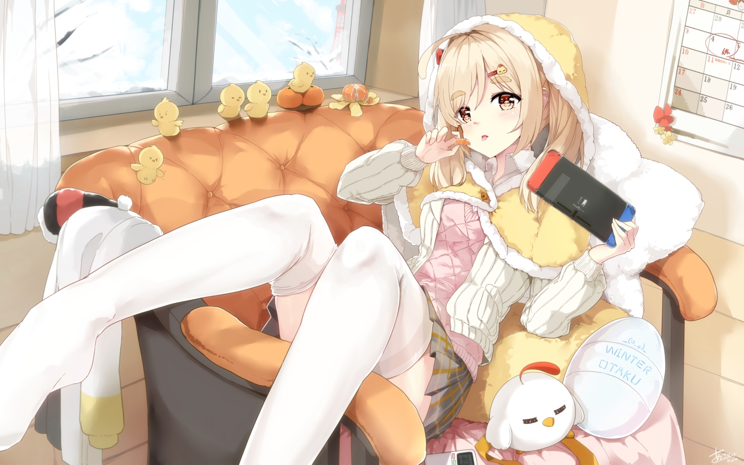 aliasing, animal, asahi_kuroi, bird, blonde_hair, blush, cape, couch