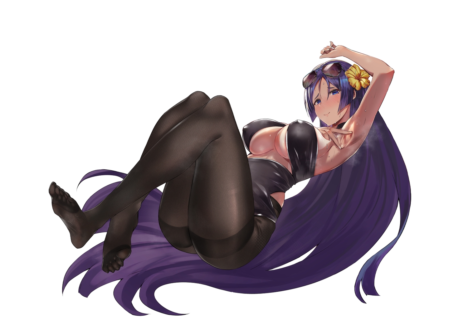 blue_eyes, blush, breasts, erect_nipples, fate/grand_order, fate_(series), kakumayu, long_hair, minamoto_no_yorimitsu_(fate), pantyhose, purple_hair, sunglasses, wet, white