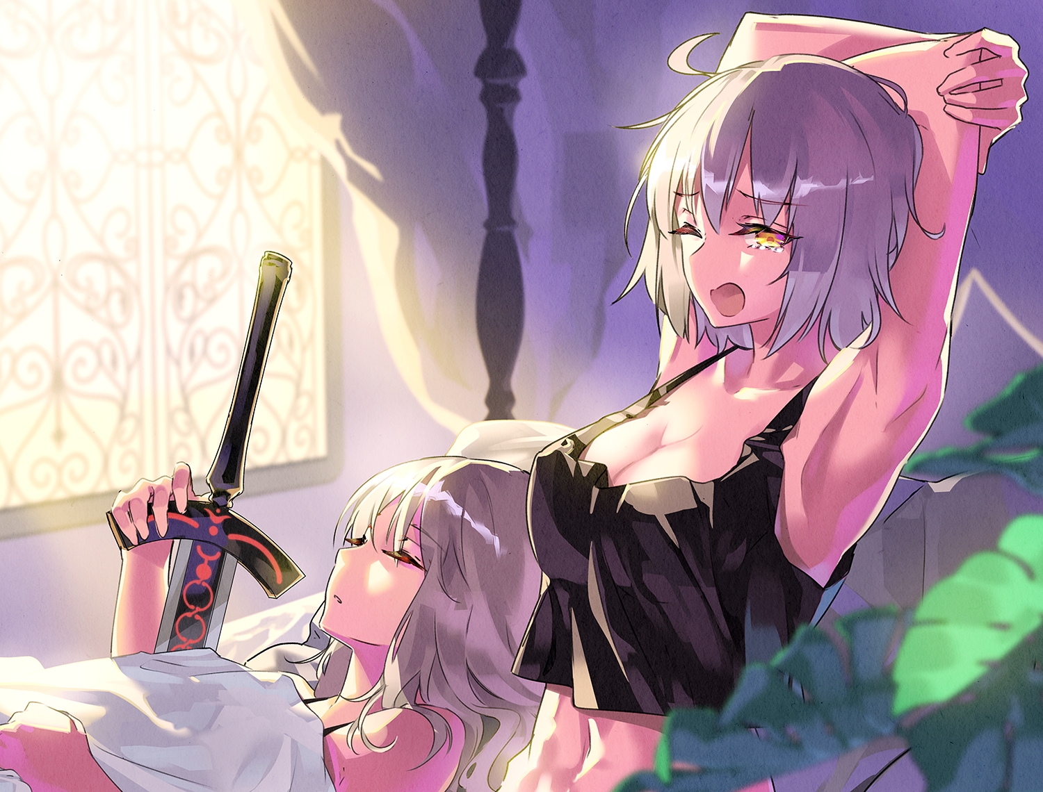 2girls, artoria_pendragon_(all), bed, breasts, cleavage, fate/grand_order, fate_(series), gray_hair