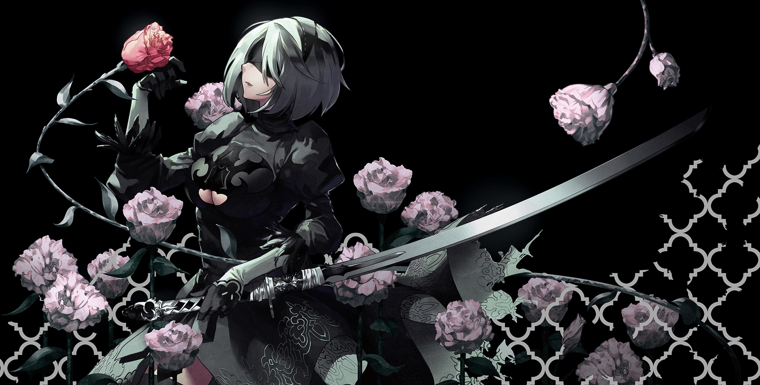 blindfold, breasts, cleavage, dress, flowers, gloves, gray_hair, headband