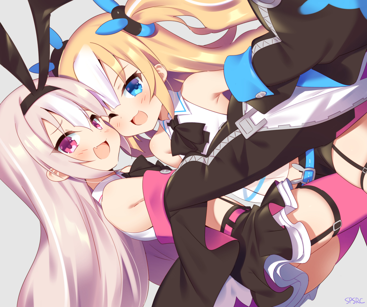2girls, animal_ears, anthropomorphism, aqua_eyes, azur_lane, bunny_ears, bunnygirl, cat_smile