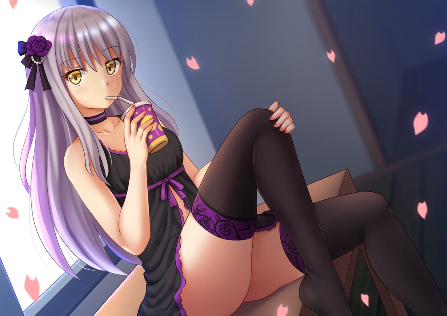 bang_dream!, blush, choker, drink, gray_hair, kazenokaze, long_hair, minato_yukina