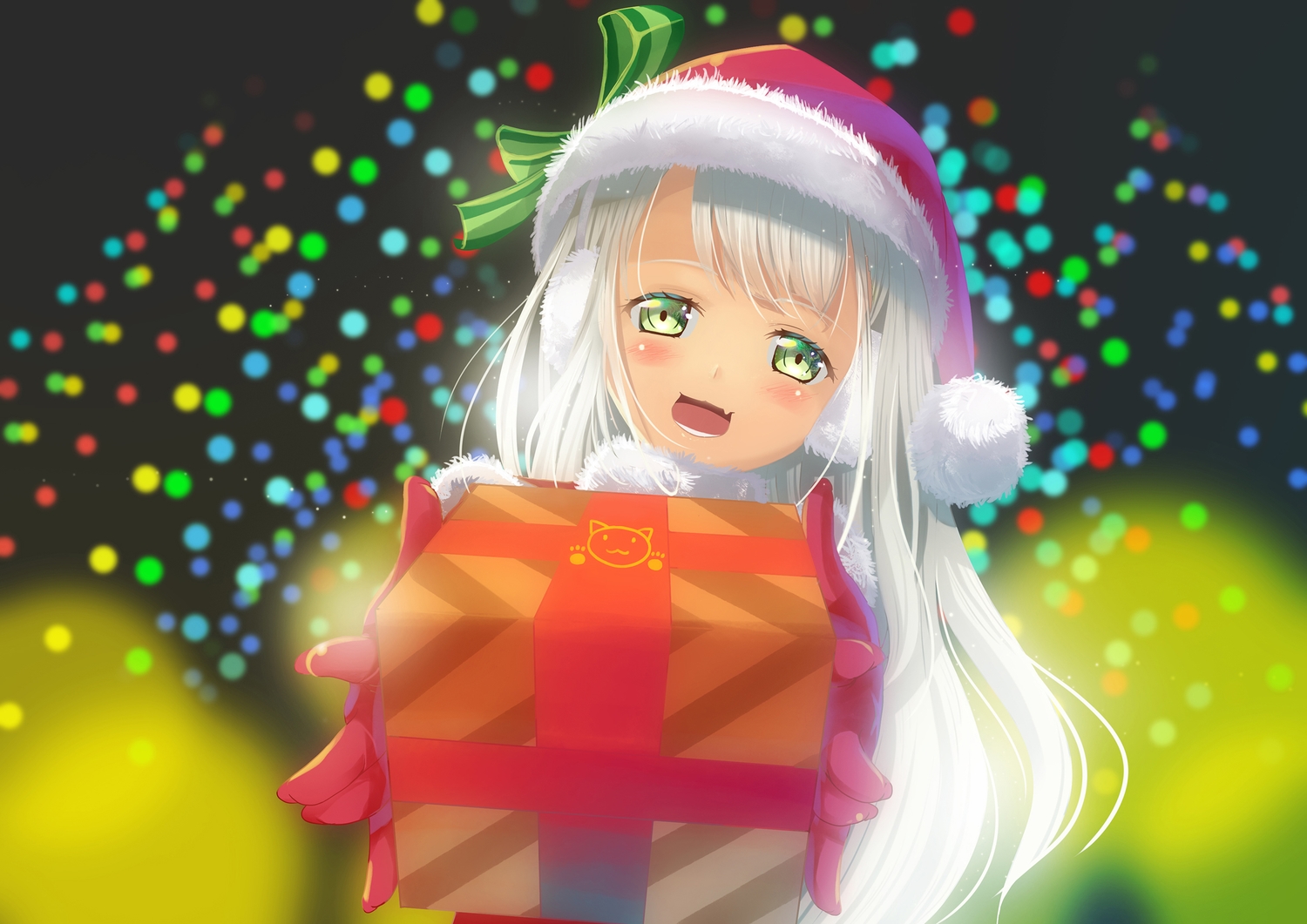 blush, cat_smile, christmas, fang, gloves, gray_hair, green_eyes, hat, long_hair, nashigo, original, santa_hat