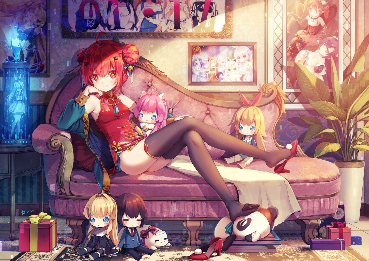 bell, chinese_clothes, chinese_dress, couch, doll, dress, mvv, nopan, original, red_eyes, red_hair, short_hair, signed, thighhighs, vivian_(mvv)