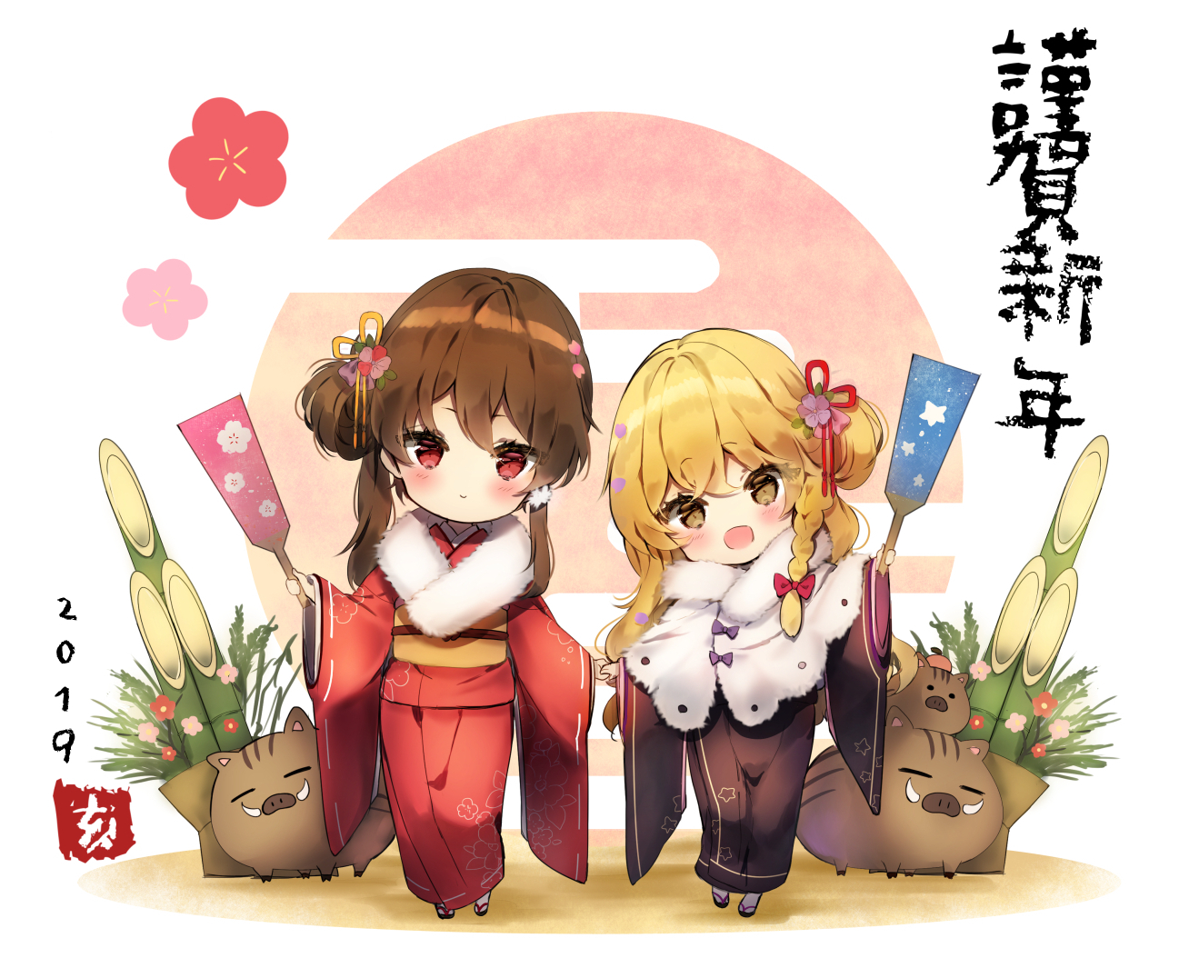 2girls, animal, blonde_hair, bow, braids, brown_eyes, brown_hair, cape