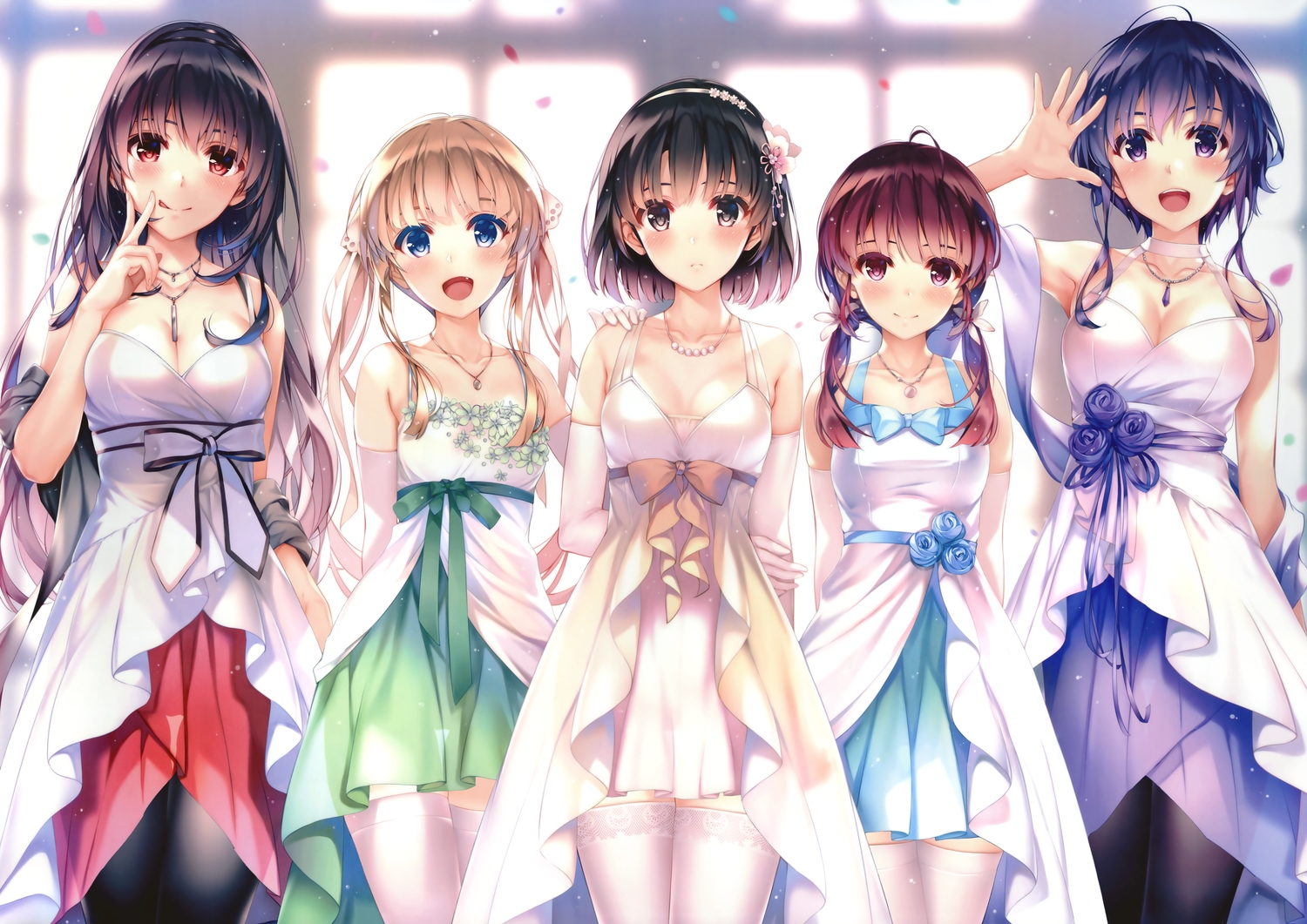 black_hair, blonde_hair, blue_eyes, blue_hair, blush, breasts, brown_eyes, cleavage, dress, elbow_gloves, fang, garter_belt, gloves, group, hashima_izumi, headband, hyoudou_michiru, kasumigaoka_utaha, katou_megumi, long_hair, misaki_kurehito, navel, necklace, purple_eyes, red_eyes, red_hair, saenai_heroine_no_sodatekata, sawamura_spencer_eriri, short_hair, thighhighs, twintails, underwear