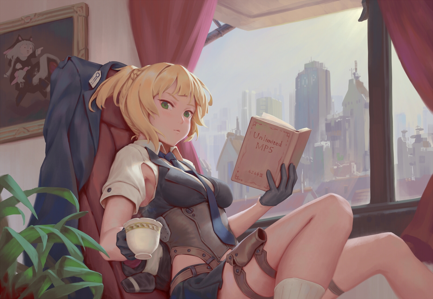 anthropomorphism, bigrbear, blonde_hair, book, braids, building, city, corset