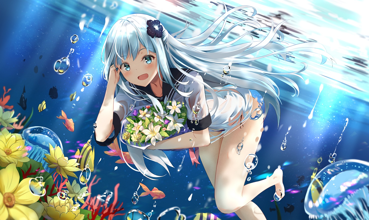 animal, barefoot, blush, bubbles, fish, flowers, green_eyes, jpeg_artifacts, long_hair, mobu, original, school_uniform, underwater, water, white_hair