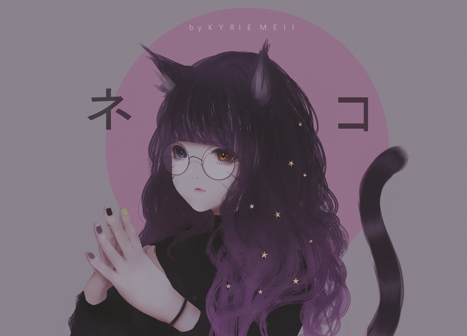 animal_ears, bicolored_eyes, catgirl, glasses, kyrie_meii, long_hair, original, purple_hair, tail, watermark, wristwear