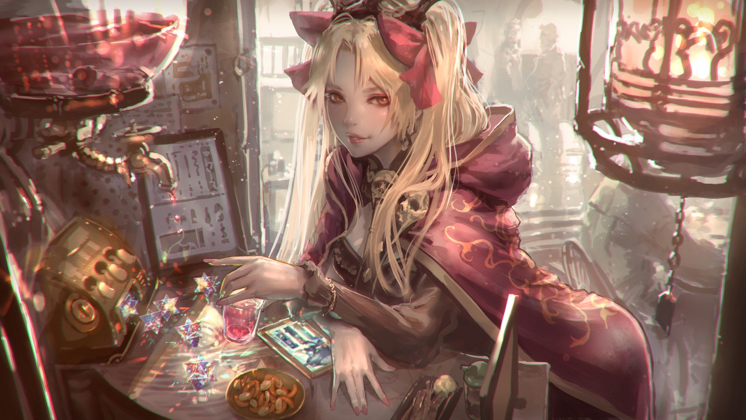 blonde_hair, cape, drink, ereshkigal_(fate/grand_order), fate/grand_order, fate_(series), food, hood, jpeg_artifacts, kaburagi_yasutaka, long_hair, orange_eyes, twintails